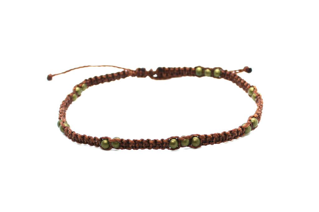 brown cord macrame boho anklet with metal beads