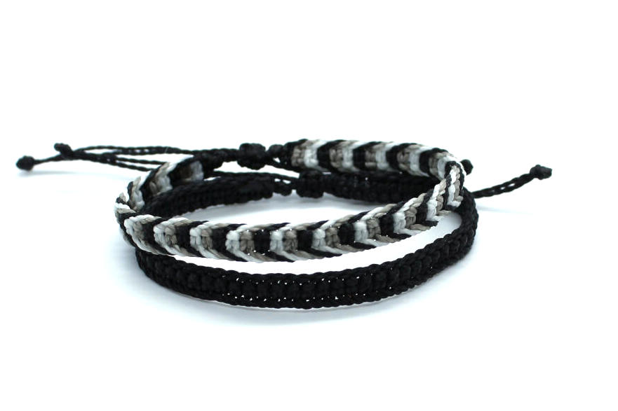 surfer cord black gray white bracelet stack