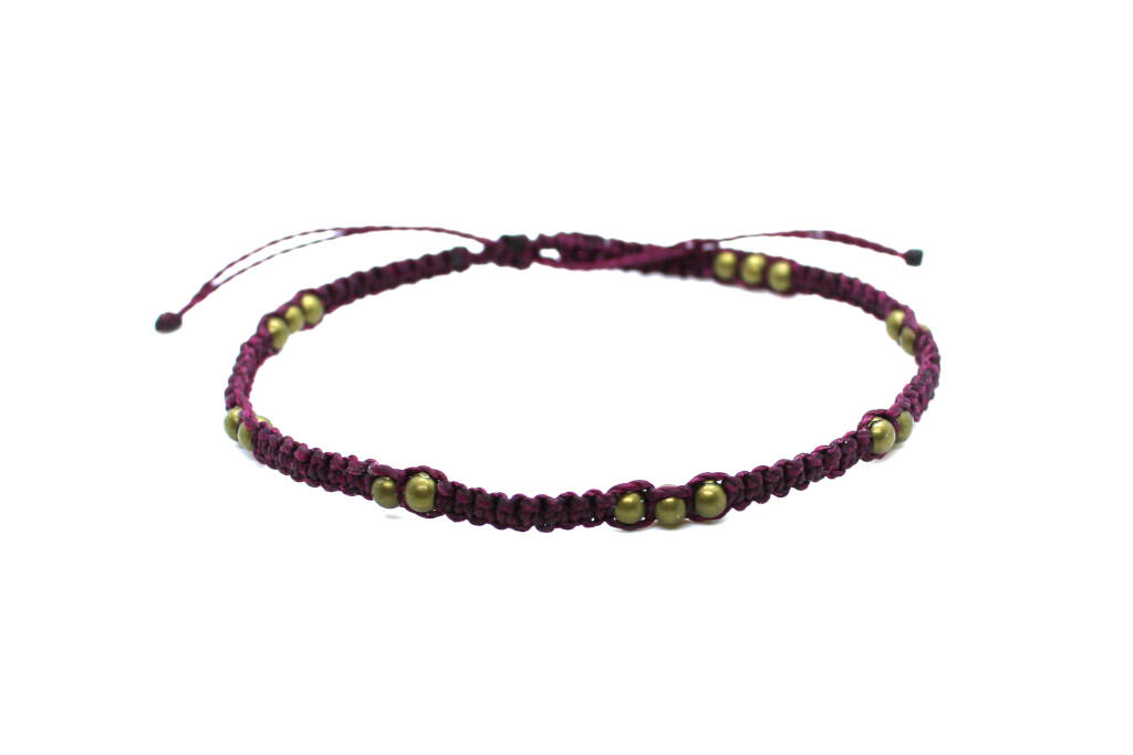 burgundy cord macrame boho anklet with metal beads